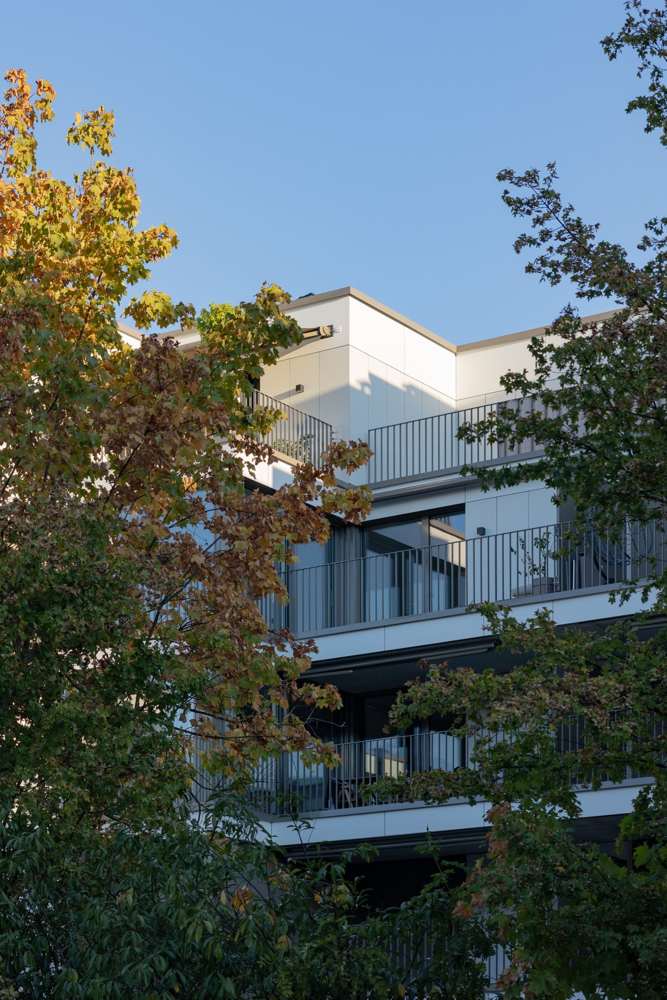Die zurückgesetzte Attika hinter den Bäumen: Faserzementplatten, Stabgeländer, Rafflamellenstoren.