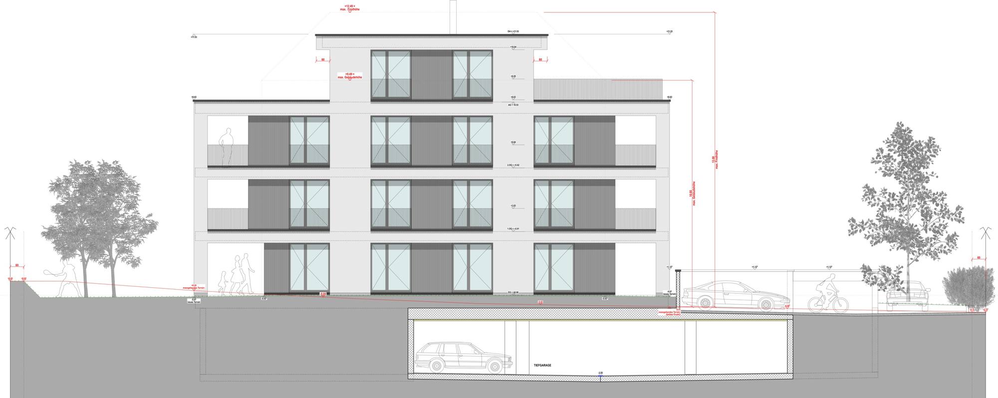 Ansicht Nordwest: drei Vollgeschosse mit zurückgesetzter Attika, Lochfassade mit raumhohen Öffnungen und Rafflamellenstoren, darunter die Tiefgarage; massgebendes Terrain und Gebäudehöhe als Nachweis.