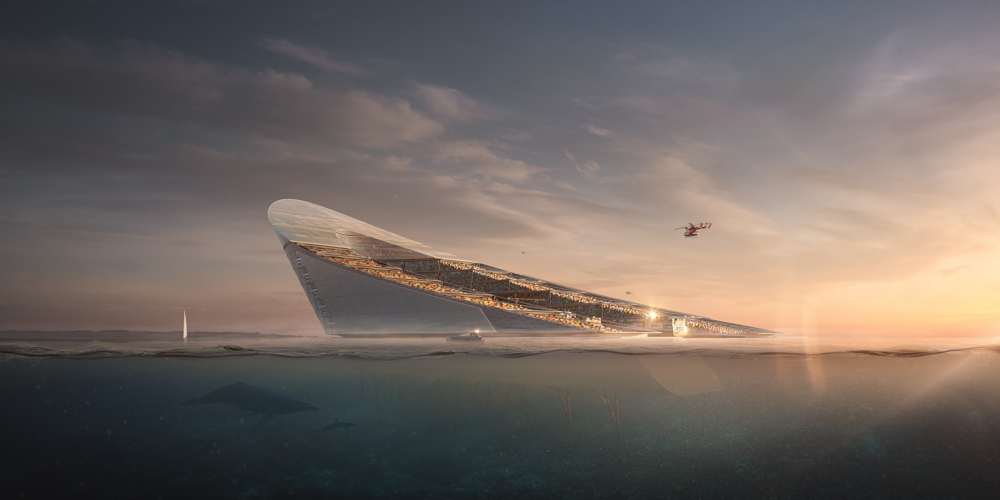 Ansicht vom Meer: der liegende Turm als Keil über dem Wasser, die Containerterrassen offen zur Sonne, unter der Wasserlinie das Gezeitenkraftwerk.