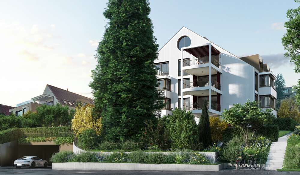 Visualisierung des Ersatzneubaus an der Alten Landstrasse: Massivbau mit Steildach, dessen Stehfalzdeckung über Dach und Fassaden als homogene Hülle durchläuft; Balkone und Terrassen mit Hebeschiebetüren zum See, die Tiefgarage als weisse Wanne in den Hang gesetzt.
