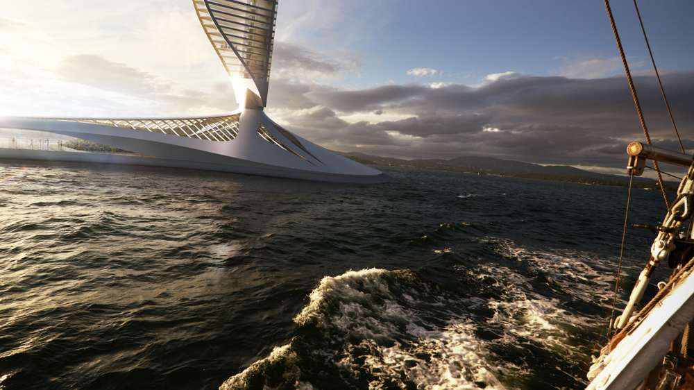 Visualisierung vom Wasser aus: Die Plattform mit Hafen und Promenade, darüber der Fuss des 520 m hohen Turms; sein Querschnitt, ein symmetrisches Flügelprofil, konzentriert den Wind in die Turbinenzonen – dazwischen Forschung, Wohnen, Bibliothek und Sport.